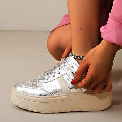 Silvery Sneakers Women's Platform Soles Lace-up Round Toe Casual Shoes
