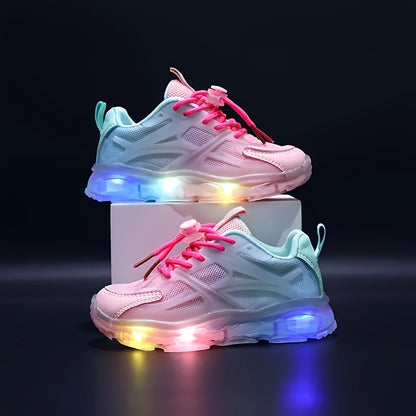 Sneakers in mesh traspirante per bambini con luci LED - Design geometrico alla moda, suola in PVC antiscivolo per ragazzi e ragazze