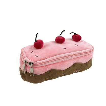 Astuccio portapenne a forma di torta con ciliegie, grazioso astuccio portapenne in peluche con cerniera, grande capacità, organizer portatile per cancelleria