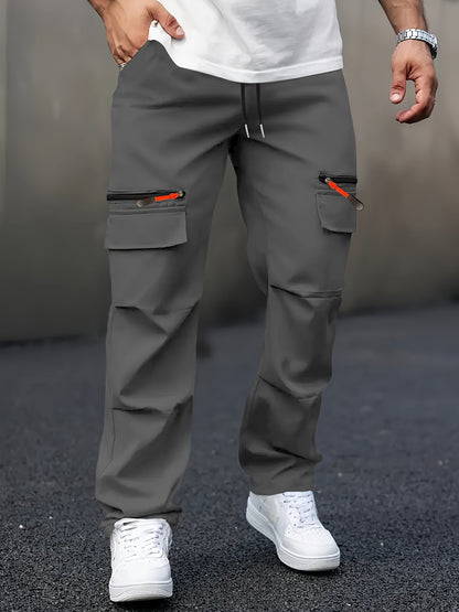 Pantaloni cargo casual da uomo con tasche multiple - Gamba dritta, vestibilità ampia, beige, dettagli con cerniera, perfetti per primavera e autunno