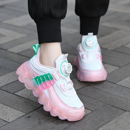 Kids' Preppy Sports Sneakers with Rotating Buckle, Lightweight EVA Sole, Non-Slip PU Upper, Comfortable Fabric Lining, Alphabet Pattern, All-Season Casual Footwear for Outdoor Activities, Training, Hiking - Ideal for Valentin