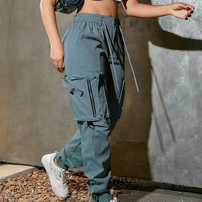 Pantaloni cargo casual da donna, 100% poliestere, tinta unita, adatti a tutte le stagioni, in tessuto intrecciato, con tasche 3D, elastico in vita, coulisse regolabile, per pantaloni da adulto