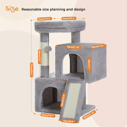 Pawz Road Cat Scratching Post with Dual Condos for Indoor Cats, All-in-One Cat House with Padded Perch, Scratching Ramp And Posts, with Interchangeable Balls