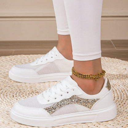 Women'S Fashion Sneakers | Comfortable Low-Top Lace-Up Casual Sports Shoes | Breathable Synthetic Cover with Glitter Accents | All-Season EVA Sole | Versatile Round-Toe Design, Ladies Sneaker