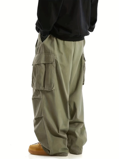 Solid Multi Flap Pockets Men's Straight Leg Cargo Pants, Loose Casual Outdoor Baggy Pants, Men's Work Pants Streetwear