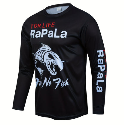 Maglietta a maniche lunghe elasticizzata ad asciugatura rapida da uomo con motivo a pesci - Perfetta per pesca, ciclismo e attività all'aperto, Primavera/Autunno, Scollo tondo, Moda