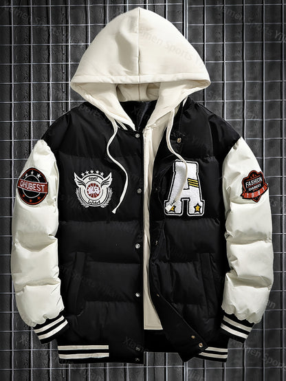 Giacca pesante con cappuccio da uomo e da donna - Cappotto da baseball a blocchi di colore rosso e bianco con chiusura frontale con cerniera, tessuto non elasticizzato - Capispalla invernale per coppie, abbigliamento casual da strada