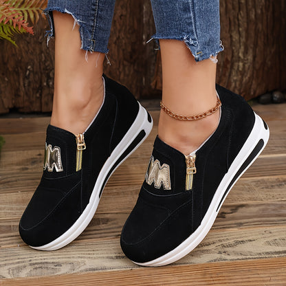 Sneakers con zeppa alla moda da donna, scarpe sportive casual, resistenti ed eleganti con cerniera e lettere decorative, comode e traspiranti, per tutti i giorni