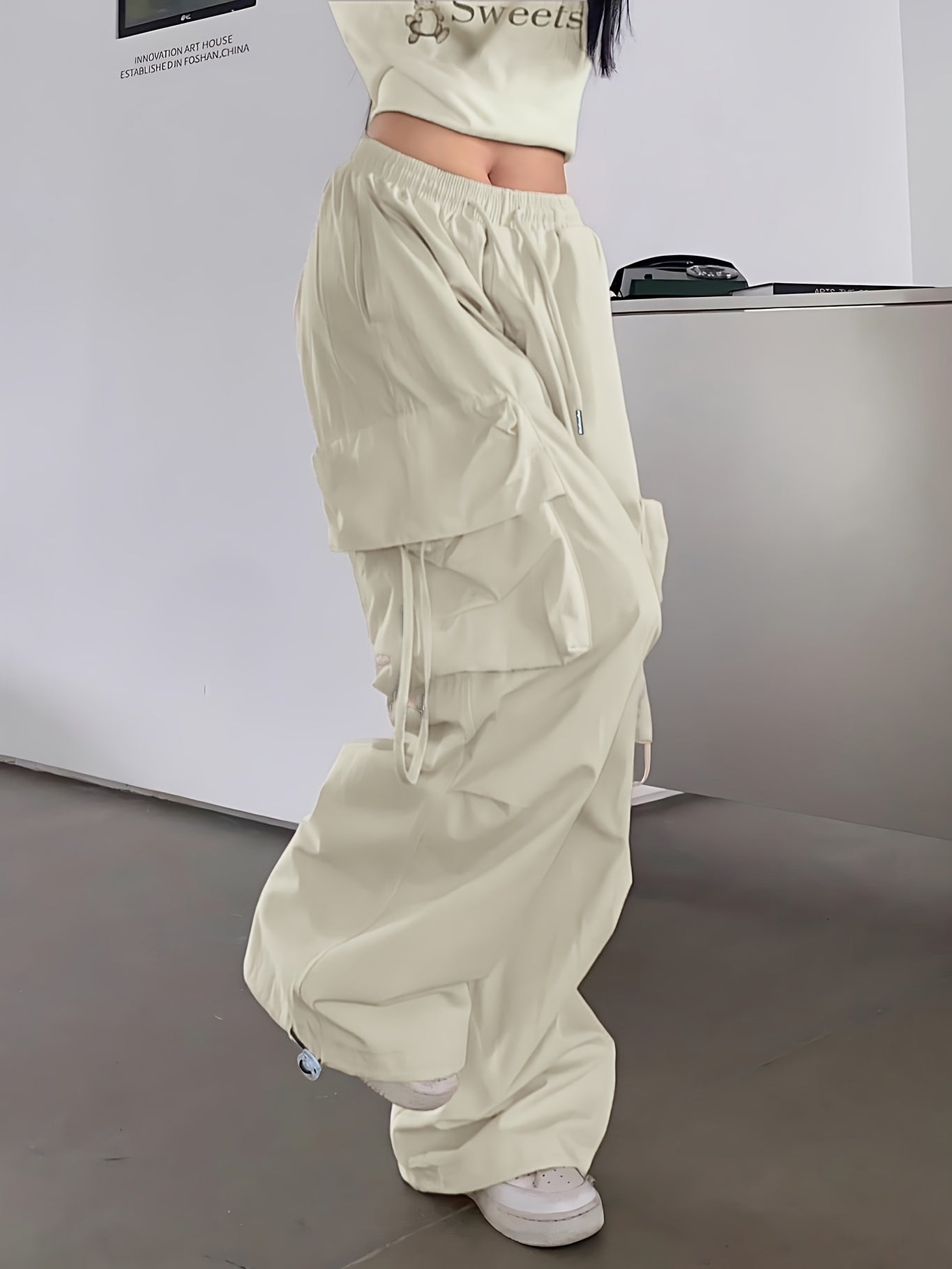 1pc Y2K Style Women's Cargo Pants, 100% Polyester Solid Color Loose Fit with Side Pockets and Drawstring Waist, Glossy Woven Fabric, Unlined - Spring/Summer/Fall Collection