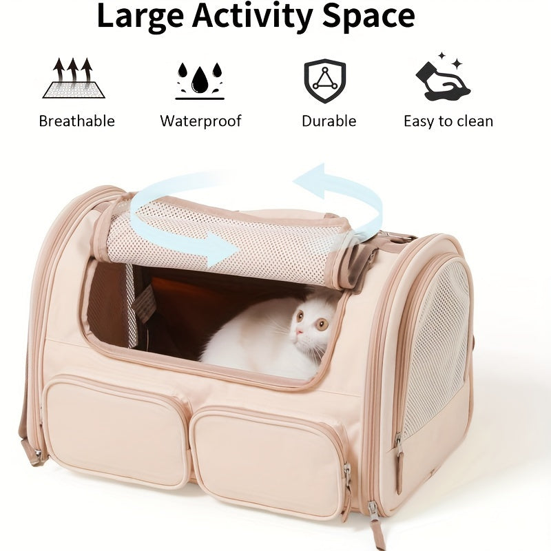 Cat Carrier, 4 Mesh Windows Small Dog Carrier, 4 Storage Pockets Cat Travel Bag, Under 44 lb Airline Approved Pet Carrier, Rollable Cover for Nervous Cats, Pink