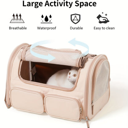 Cat Carrier, 4 Mesh Windows Small Dog Carrier, 4 Storage Pockets Cat Travel Bag, Under 44 lb Airline Approved Pet Carrier, Rollable Cover for Nervous Cats, Pink