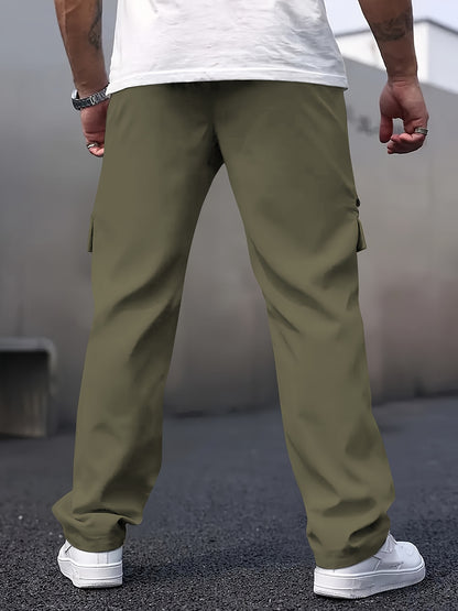 Pantaloni cargo casual da uomo con tasche multiple - Gamba dritta, vestibilità ampia, beige, dettagli con cerniera, perfetti per primavera e autunno