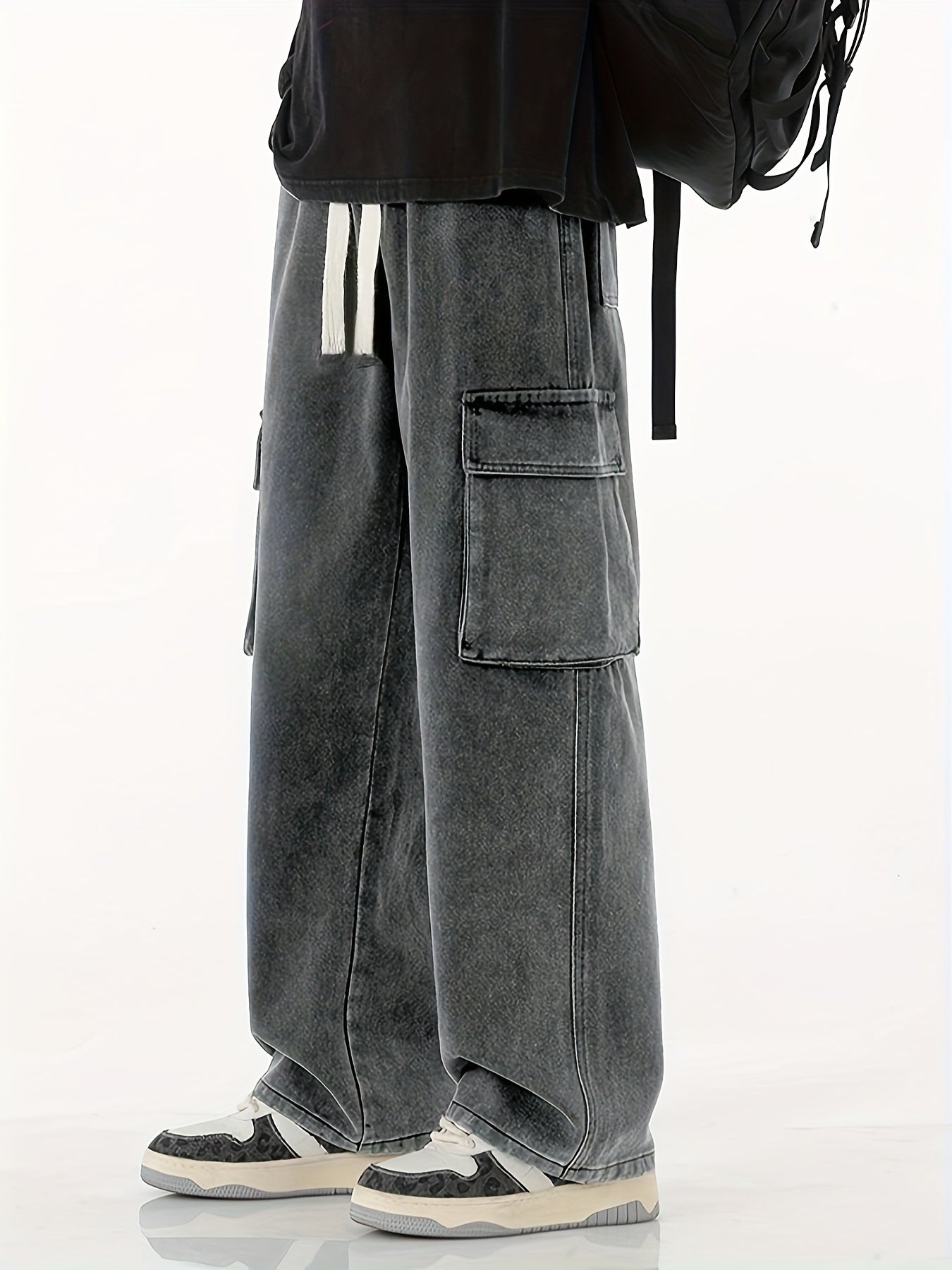 Men'S Hip-Hop Baggy Jeans, Loose Street-Style Pants That Drag on The Ground, Trendy Multi-Pocket Workwear Jeans Suitable for All Seasons.