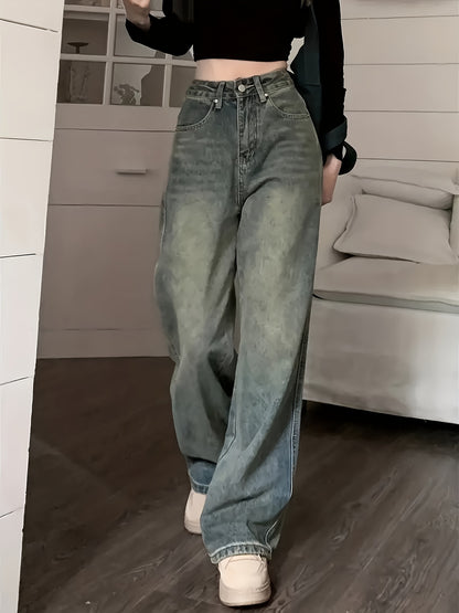 Vintage Wide Leg Jeans, Slant Pocket Loose Stylist Streetwear Baggy Denim Pants, Women's Denim Jeans & Clothing
