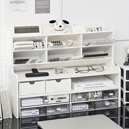 Versatile organizer da scrivania per studenti: soluzione di archiviazione a doppio strato per cancelleria, cosmetici e altro ancora. Migliora senza sforzo lo spazio della tua stanza del dormitorio con un portapenne inclinato e una libreria rialzata.
