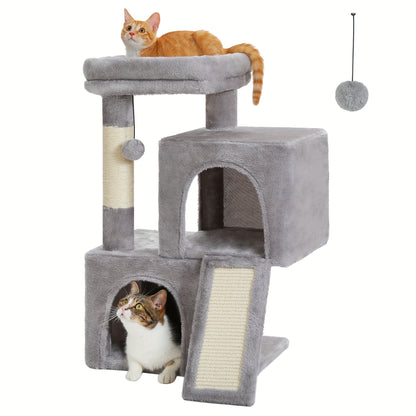 Pawz Road Cat Scratching Post with Dual Condos for Indoor Cats, All-in-One Cat House with Padded Perch, Scratching Ramp And Posts, with Interchangeable Balls