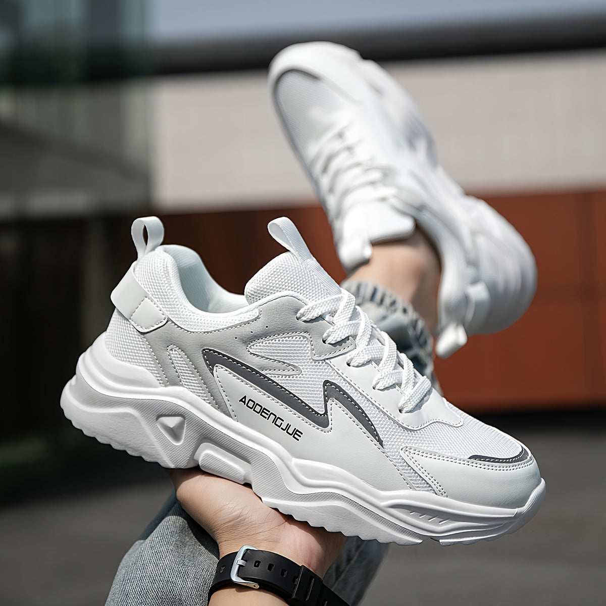 Sneakers da uomo leggere, casual, con stampa di lettere e design di tendenza, con cinturino anteriore - Suola bassa in EVA, tomaia in PU e tessuto, traspiranti e resistenti per corsa, escursionismo, attività all'aperto e uso quotidiano