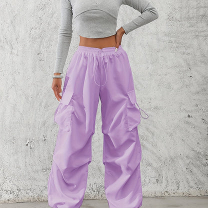 Women'S Fashionable Solid Color Polyester Cargo Pants, 100% Polyester, All-Season, Drawstring Waist, Woven, 120g/m², Adult Casual Elegant Trousers