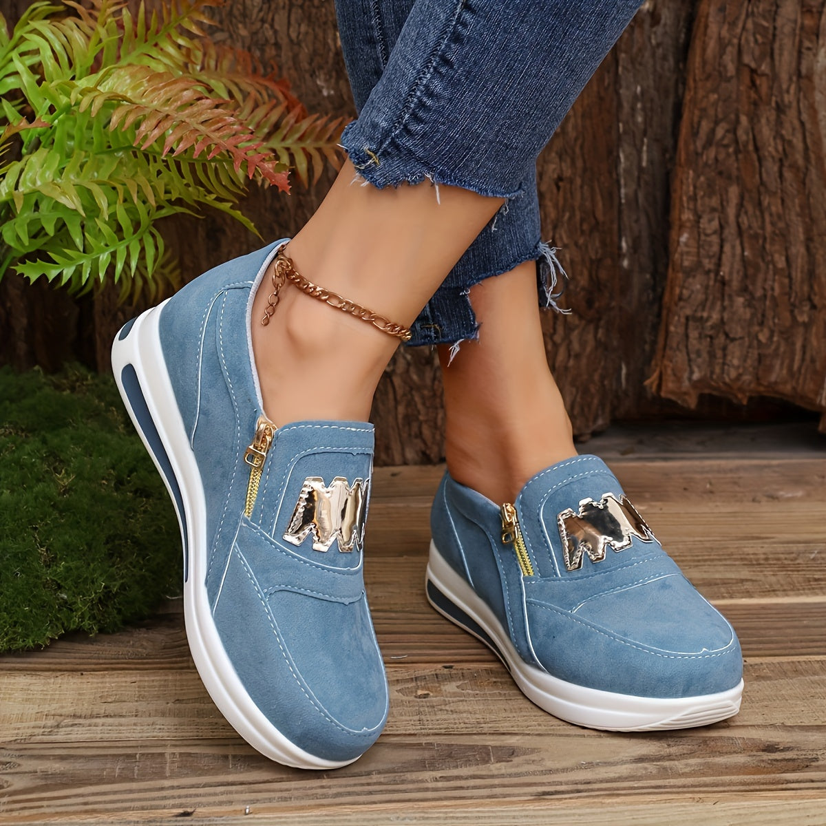 Sneakers con zeppa alla moda da donna, scarpe sportive casual, resistenti ed eleganti con cerniera e lettere decorative, comode e traspiranti, per tutti i giorni