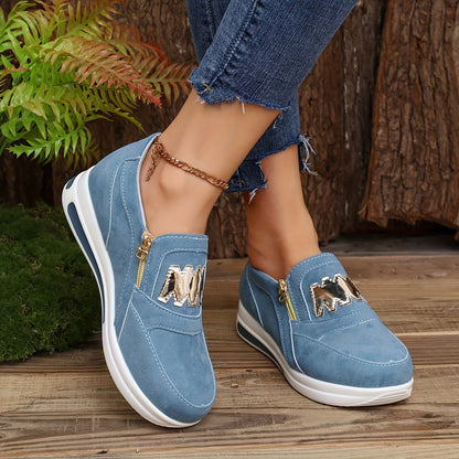 Sneakers con zeppa alla moda da donna, scarpe sportive casual, resistenti ed eleganti con cerniera e lettere decorative, comode e traspiranti, per tutti i giorni