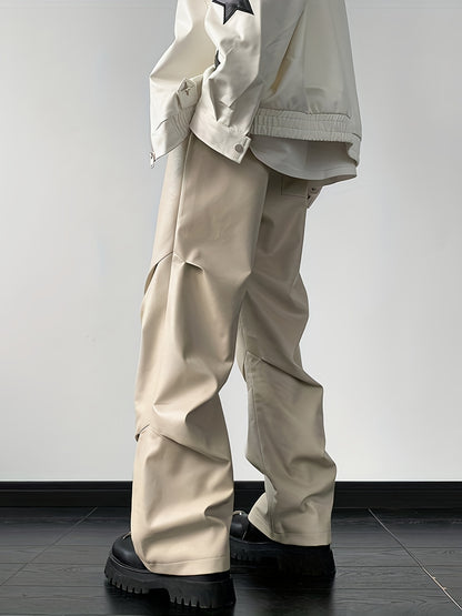 Men's Chic Loose Fit Faux Leather Pants, Street Style Baggy Pants K-pop
