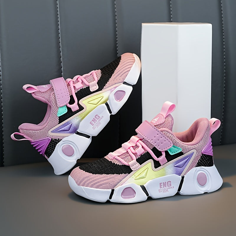 Sneakers traspiranti in maglia per bambine - Sneakers basse a righe alla moda con chiusura a strappo, leggere e comode per tutte le stagioni, design rosa e nero con tomaia in mesh e suola in EVA, adatte ai piedi dei più piccoli.