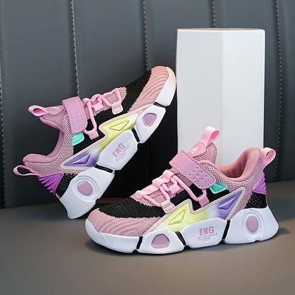 Sneakers traspiranti in maglia per bambine - Sneakers basse a righe alla moda con chiusura a strappo, leggere e comode per tutte le stagioni, design rosa e nero con tomaia in mesh e suola in EVA, adatte ai piedi dei più piccoli.