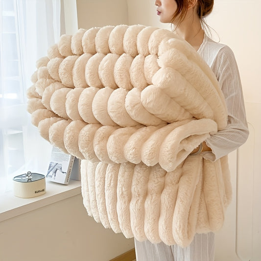 Coperta in pile con coulisse - Morbida, calda e soffice, motivo in pelliccia di coniglio finta, perfetta per fare un pisolino, in ufficio, in campeggio o sul divano, versatile coperta regalo per tutte le stagioni | Coperta in pile di peluche | Morbida