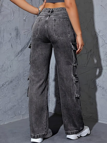 High-Waisted Cargo Denim Jeans for Women, 75% Cotton Blend Street Style Y2K Baggy Trousers with Flap Pockets, Solid All-Season Oversized Wide Leg Pants, Medium Stretch Woven Fabric