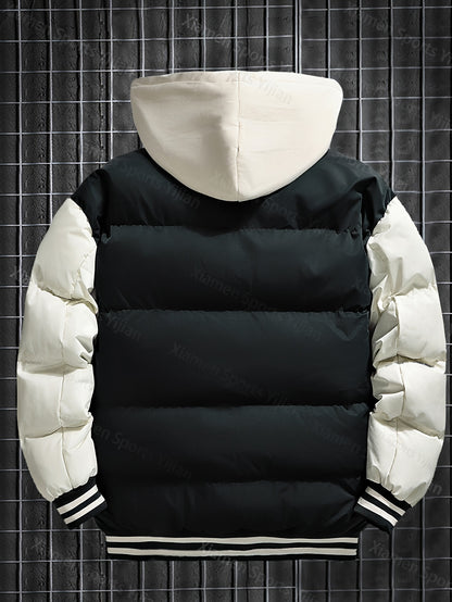 Giacca pesante con cappuccio da uomo e da donna - Cappotto da baseball a blocchi di colore rosso e bianco con chiusura frontale con cerniera, tessuto non elasticizzato - Capispalla invernale per coppie, abbigliamento casual da strada