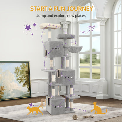 Large Scratching Post, 193cm Cat Tree, Multi-storey Cat Scratching Post for Large Cats, with 3 Caves, 6 Scratching Posts, 1 Lounger, 3 Plush Balls, Dark Grey/light Grey