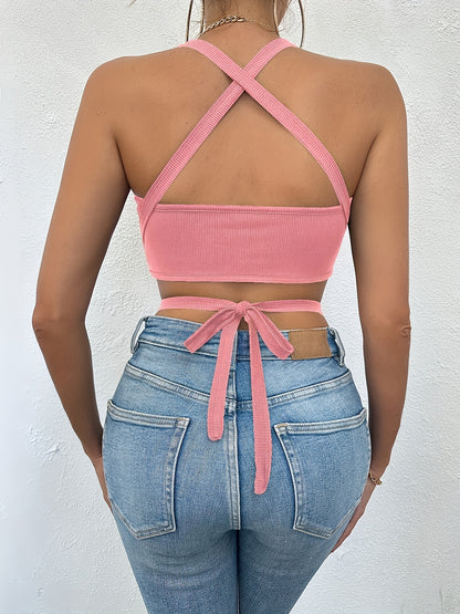 Lace Up Crop Spaghetti Strap Top, Sexy Backless Cami Top For Summer, Women's Clothing