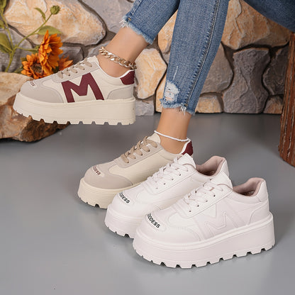 Sneakers casual da donna con lacci - Traspiranti, suola spessa, punta tonda, rivestimento sintetico - Bianche, sneakers alte