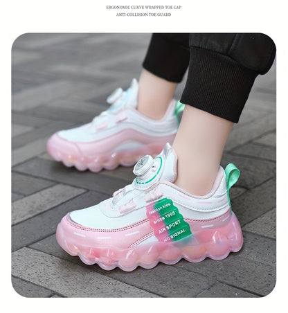 Kids' Preppy Sports Sneakers with Rotating Buckle, Lightweight EVA Sole, Non-Slip PU Upper, Comfortable Fabric Lining, Alphabet Pattern, All-Season Casual Footwear for Outdoor Activities, Training, Hiking - Ideal for Valentin