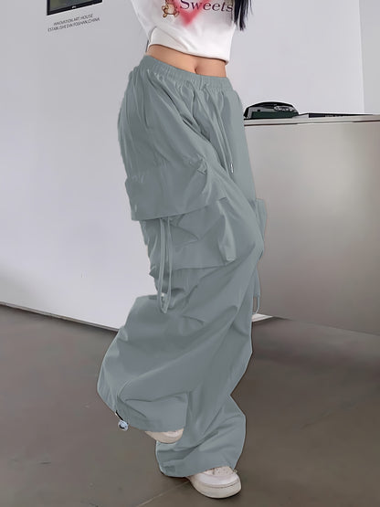 1pc Y2K Style Women's Cargo Pants, 100% Polyester Solid Color Loose Fit with Side Pockets and Drawstring Waist, Glossy Woven Fabric, Unlined - Spring/Summer/Fall Collection