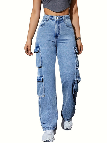 High-Waisted Cargo Denim Jeans for Women, 75% Cotton Blend Street Style Y2K Baggy Trousers with Flap Pockets, Solid All-Season Oversized Wide Leg Pants, Medium Stretch Woven Fabric