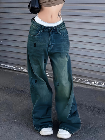 Y2K Style Distressed Wased Loose Fit Baggy Denim Pants, Wide Leg Streetwear Jeans, Women's Denim Jeans & Clothing For Fall