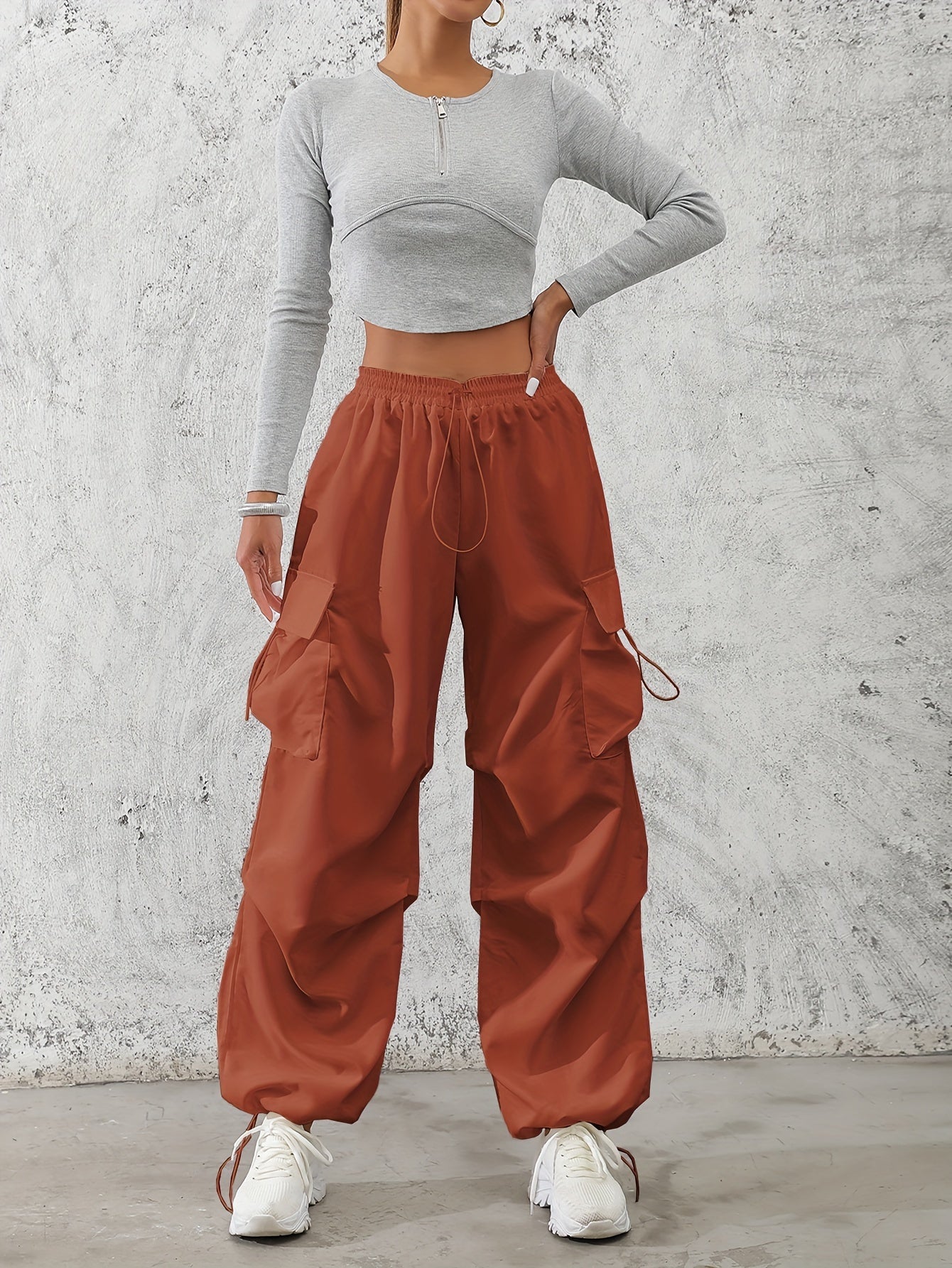 Women'S Fashionable Solid Color Polyester Cargo Pants, 100% Polyester, All-Season, Drawstring Waist, Woven, 120g/m², Adult Casual Elegant Trousers