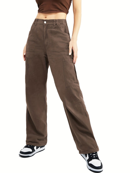 Pantaloni cargo con tasche a patta e tasche oblique, pantaloni larghi a vita alta con bottoni Y2K per primavera ed estate, abbigliamento da donna