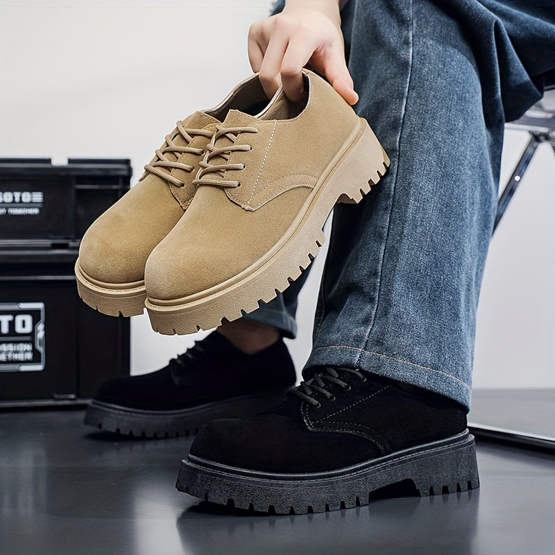 Men's Casual Retro Workwear Derby Shoes - Thick Sole Height Increase, Breathable Upper, Lace-Up Round Toe Design for Spring/Fall, Tan Rubber Outsole & EVA Cushioning, Fall Comfort Footwear, Minimalist Style, Durable Footwear,