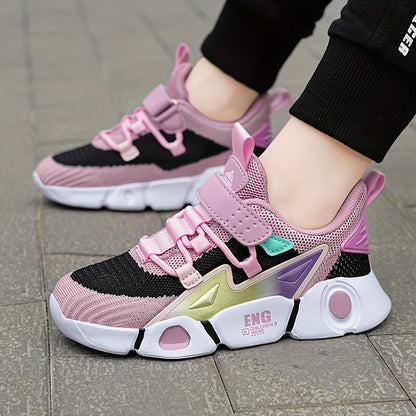 Sneakers traspiranti in maglia per bambine - Sneakers basse a righe alla moda con chiusura a strappo, leggere e comode per tutte le stagioni, design rosa e nero con tomaia in mesh e suola in EVA, adatte ai piedi dei più piccoli.