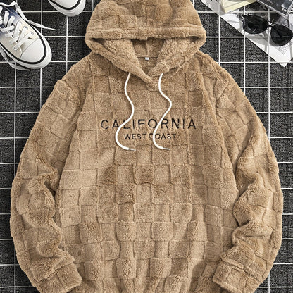 Felpa con cappuccio da uomo in peluche ricamata California Westcoast - Pile doppio in poliestere spesso e morbido con dettagli a quadri, pullover casual a maniche lunghe per autunno e inverno, felpa con cappuccio foderata in pile