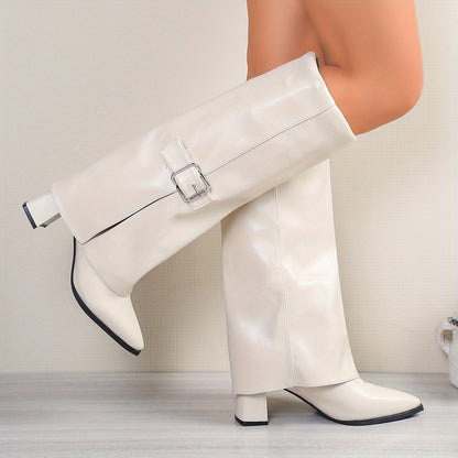 Stivali da donna alti fino al ginocchio in PU marrone con fibbia in metallo e punta affilata - Stivali eleganti per tutte le stagioni con tacco spesso, antiscivolo, soletta imbottita e supporto dell'arco plantare