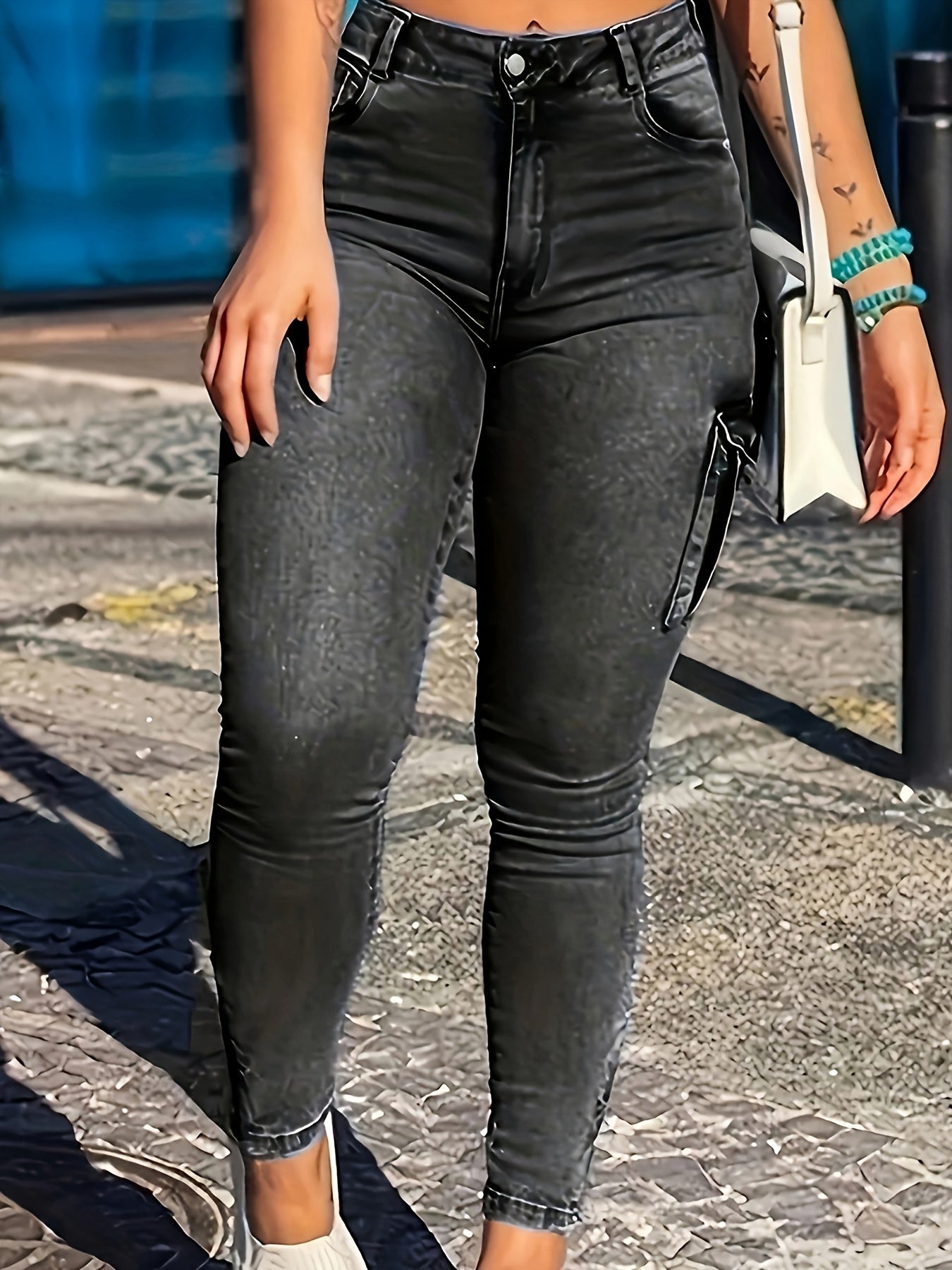 Jeans skinny con orlo con cerniera, pantaloni cargo casual in denim elasticizzato multitasche, jeans e abbigliamento in denim da donna