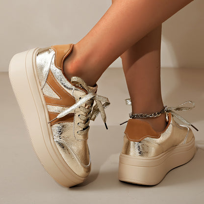 Silvery Sneakers Women's Platform Soles Lace-up Round Toe Casual Shoes