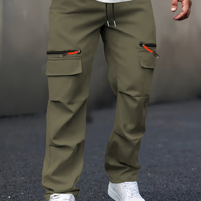 Pantaloni cargo casual da uomo con tasche multiple - Gamba dritta, vestibilità ampia, beige, dettagli con cerniera, perfetti per primavera e autunno