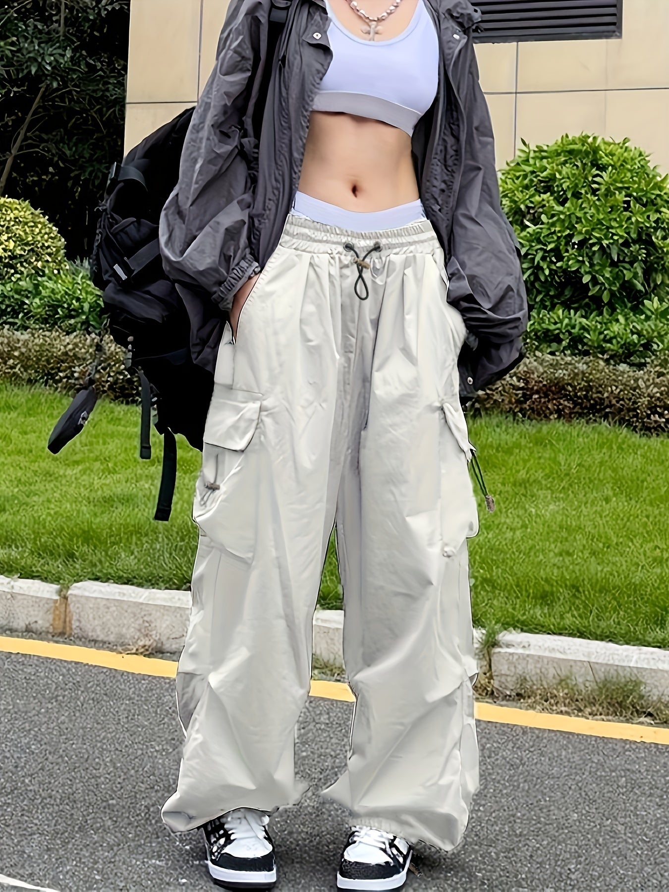 Pantaloni cargo drappeggiati Y2K, pantaloni streetwear con coulisse e tasche, abbigliamento da donna