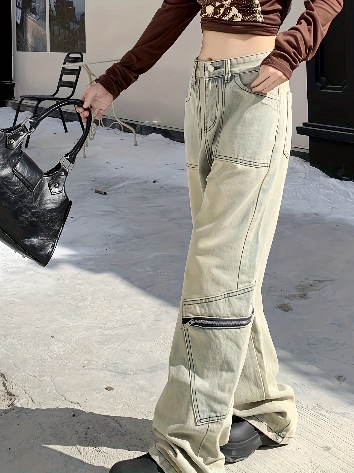 Jeans da donna in denim vintage con tasche applicate e gamba larga, larghi, lavati, stile hip-hop