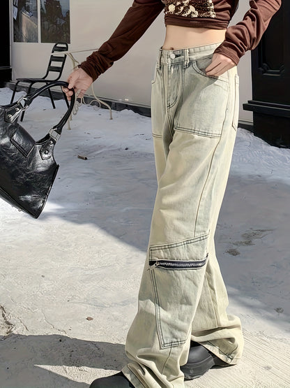 Jeans da donna in denim vintage con tasche applicate e gamba larga, larghi, lavati, stile hip-hop