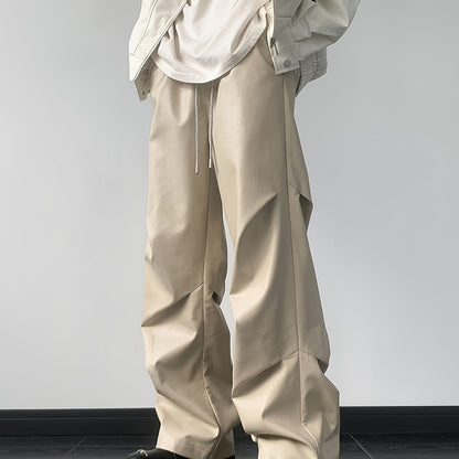 Men's Chic Loose Fit Faux Leather Pants, Street Style Baggy Pants K-pop